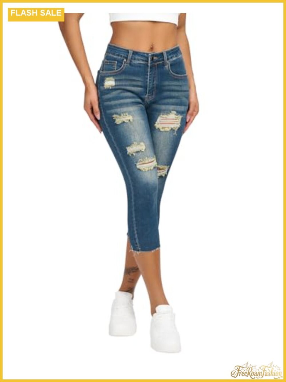 Women's Stretch Denim Capris Mid Rise Skinny Cropped Ripped Jeans
